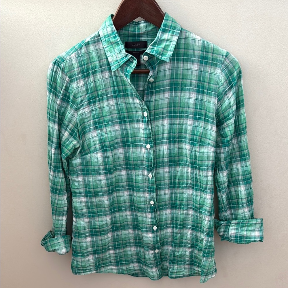 J Crew Perfect Women’s Green Plaid Button-Up Shirt 2